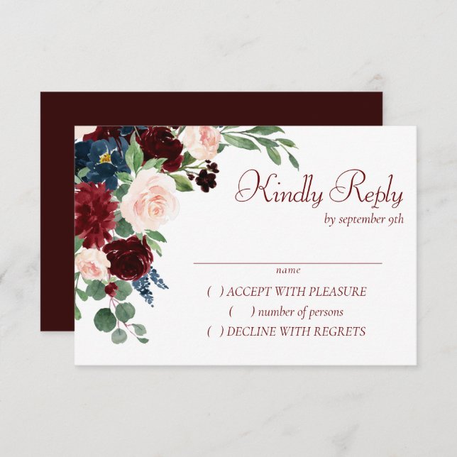 Boho Bloom | Elegant Burgundy Floral Gold Frame RSVP Card (Front/Back)
