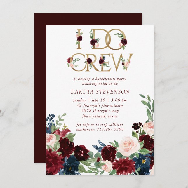 Boho Bloom | Elegant Burgundy Marsala I Do Crew Invitation (Front/Back)