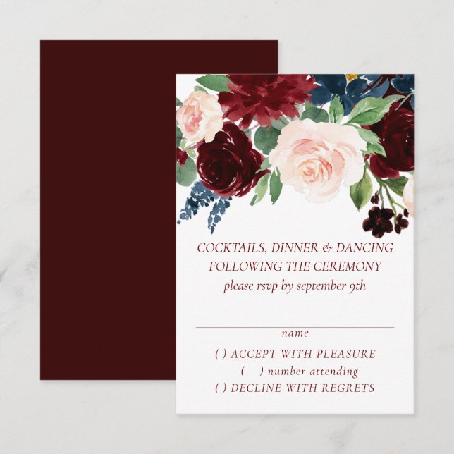 Boho Bloom | Elegant Burgundy Red and Navy Blue RSVP Card (Front/Back)
