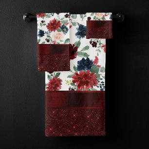 Boho Bloom   Elegant Red and Blush Shimmer Pattern Bath Towel Set