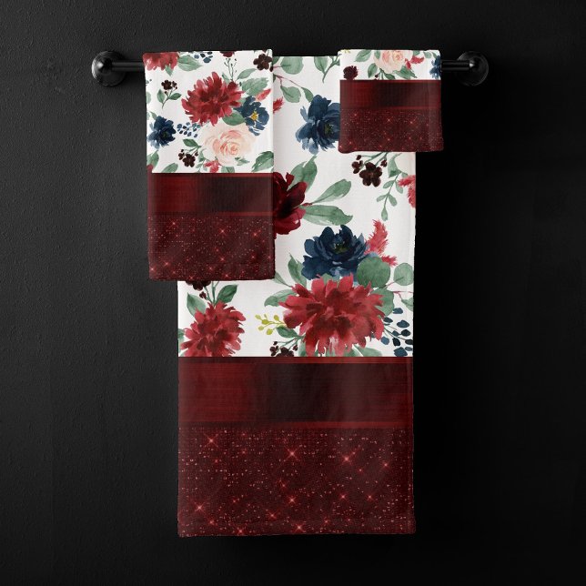Boho Bloom | Elegant Red and Blush Shimmer Pattern Bath Towel Set (Creator Uploaded)