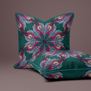 Boho Bloom in Deep Teal Throw Pillow