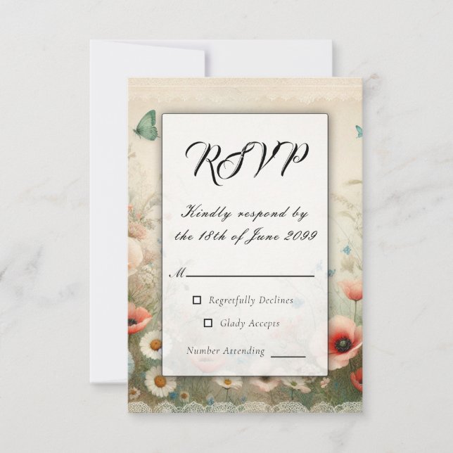 Boho Blooms and Vintage Vows Wedding RSVP Card (Front)