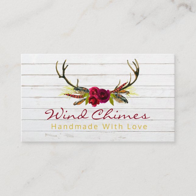 Boho Blooms Antlers Handmade Wind Chime Business Card (Front)
