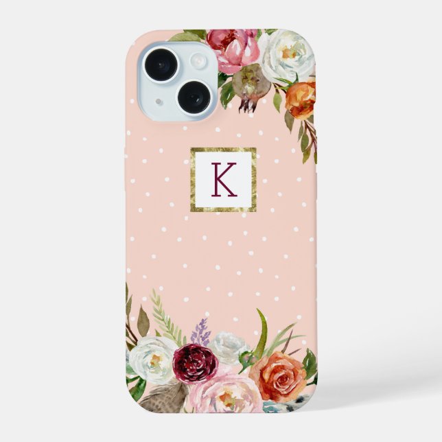 Boho Blooms Blush Dot Monogram iPhone 15 Case (Back)