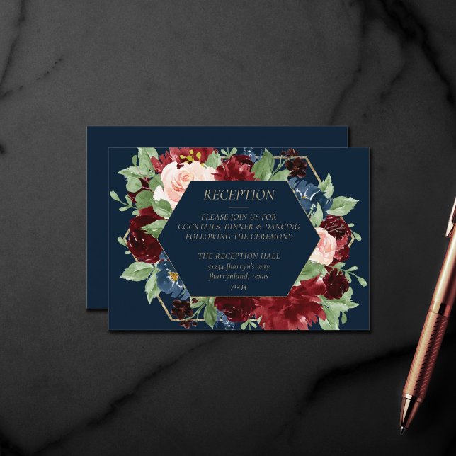Boho Blooms | Dark Navy and Burgundy Reception Enclosure Card (Creator Uploaded)