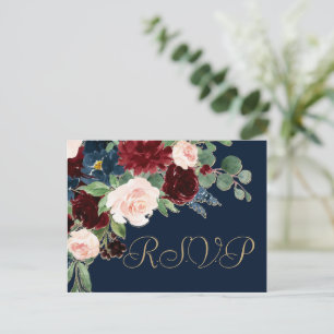 Boho Blooms Dark Navy and Burgundy RSVP Entree Postcard
