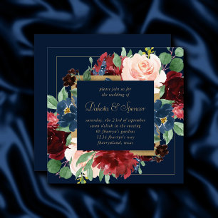 Boho Blooms Dark Navy Blue and Burgundy Wreath Invitation