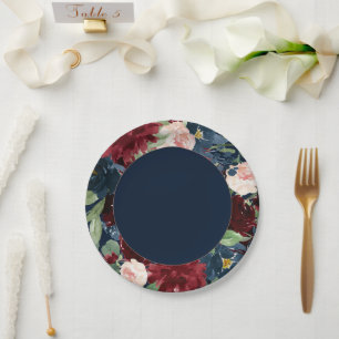Boho Blooms   Dark Navy Blue and Burgundy Wreath Paper Plate