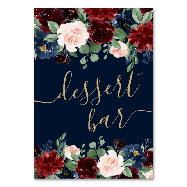 Boho Blooms | Dark Rustic Navy and Red Dessert Bar Table Number (Front)