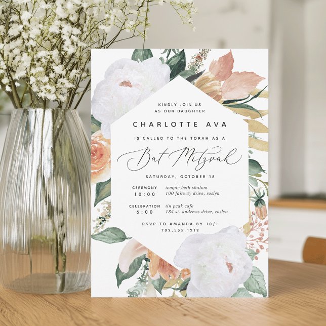 Boho Blooms | Modern Floral Bat Mitzvah Invitation (Creator Uploaded)