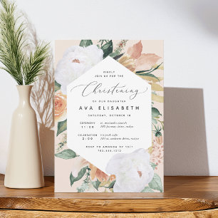Boho Blooms   Modern Floral Christening Invitation