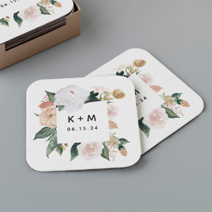 Boho Blooms Modern Floral Wedding Monogram Square Paper Coaster