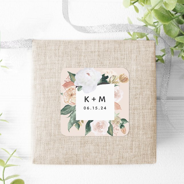 Boho Blooms Modern Floral Wedding Monogram Square Sticker (Creator Uploaded)