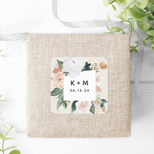 Boho Blooms Modern Floral Wedding Monogram Square Sticker