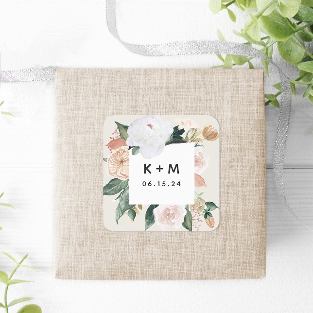 Boho Blooms Modern Floral Wedding Monogram Square Sticker (Creator Uploaded)