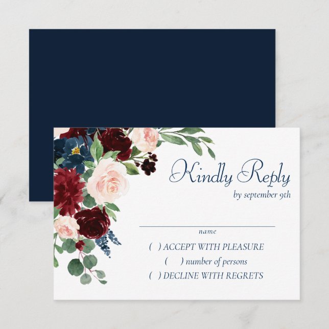 Boho Blooms | Rustic Navy and Burgundy Bouquet RSVP Card (Front/Back)