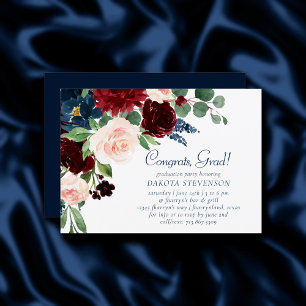 Boho Blooms   Rustic Navy and Burgundy Graduation Invitation