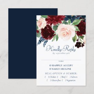 Boho Blooms   Rustic Navy Blue and Burgundy Entree RSVP Card