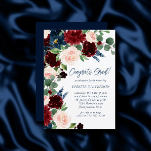 Boho Blooms Rustic Navy Blue and Burgundy Red Invitation