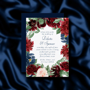 Boho Blooms   Rustic Navy Blue and Burgundy Wreath Invitation