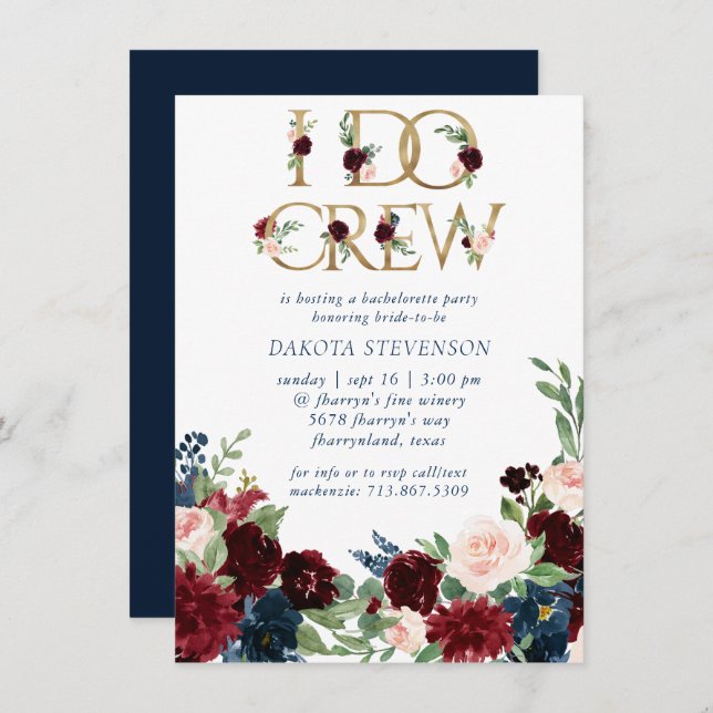 Boho Blooms | Rustic Navy Blue and Red I Do Crew Invitation (Front/Back)