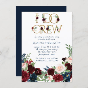 Boho Blooms   Rustic Navy Blue and Red I Do Crew Invitation