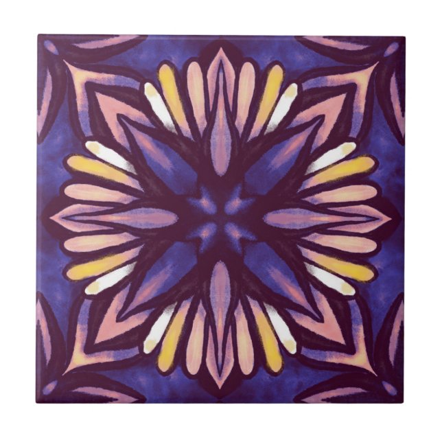 Boho Blossom: Purple Artistic Floral Pattern Tile (Front)