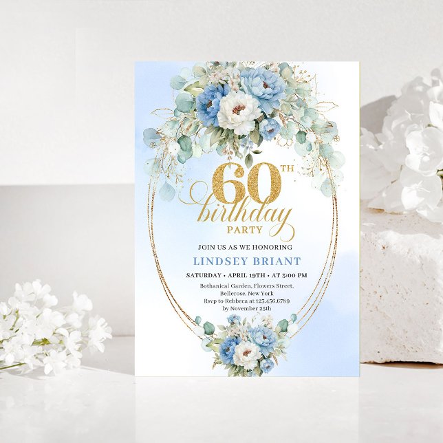Boho Blue and gold peony floral chic 60th birthday Invitation (Blue and gold peony floral chic 60th birthday invitation

)
