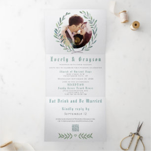 Boho Blue and Green Wreath Wedding Tri-Fold Invitation