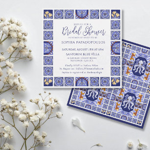 Boho Blue and White Mediterranean Bridal Shower Invitation