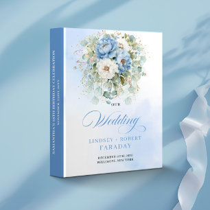 Boho Blue and White Peonies Wedding Album 3 Ring Binder