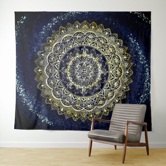Boho Blue and Yellow Yoga Mandala Wall Hanging  Tapestry (In Situ (Horizontal))