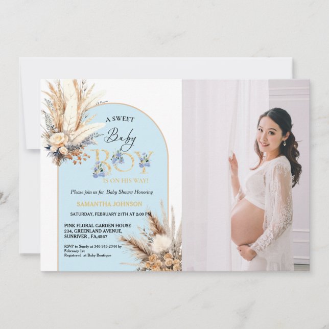 Boho Blue Arch Pampas Grass Baby Boy Baby Shower Invitation (Front)