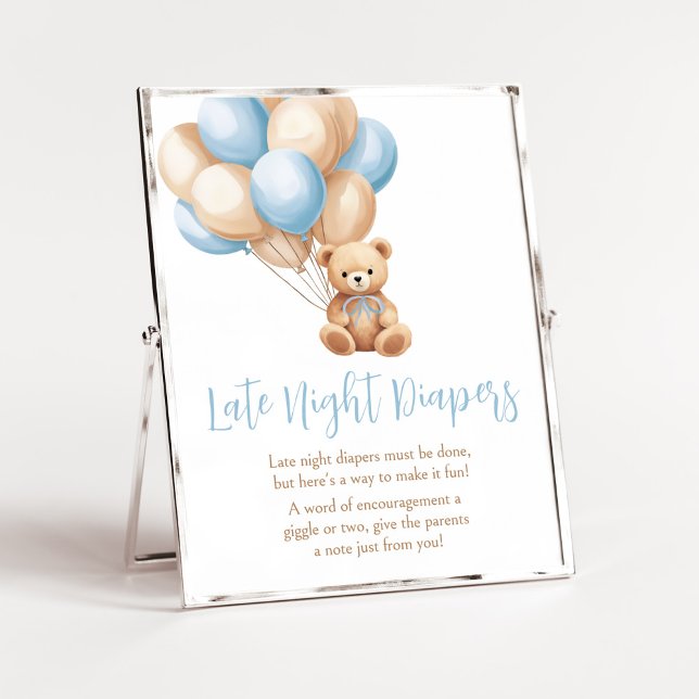 Boho Blue Balloon Bear Baby Late Night Diapers Poster (We Can Bearly Wait Boy Baby Shower Late Night DIapers Sign)