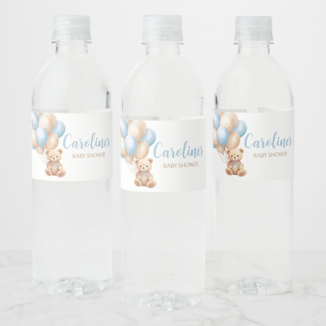 Boho Blue Balloon Bear Baby Shower  Water Bottle Label (Bottles)