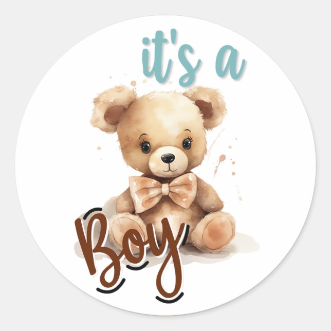 Boho Blue Bear Baby Shower Classic Round Sticker (Front)