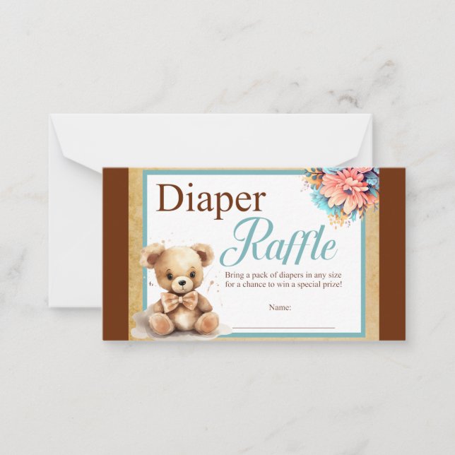 Boho Blue Bear Baby Shower Diaper Raffle Note Card (Front)