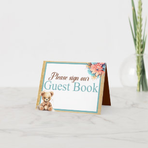 Boho Blue Bear Baby Shower Guest Book Table Card