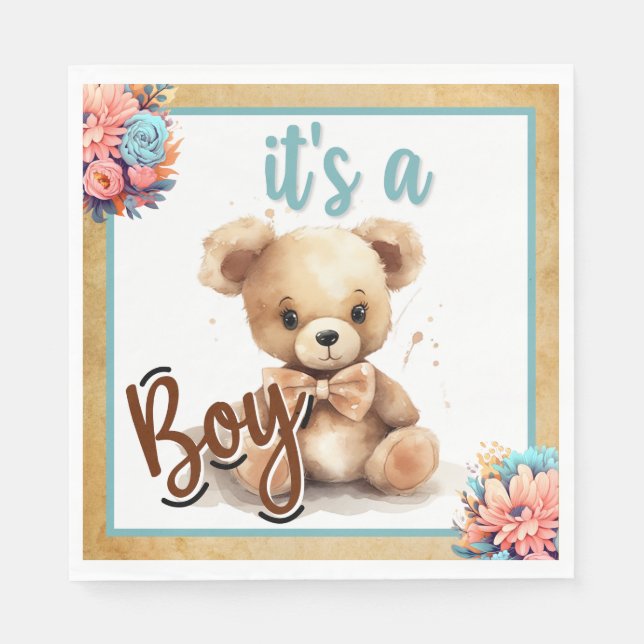 Boho Blue Bear Baby Shower Napkins (Front)