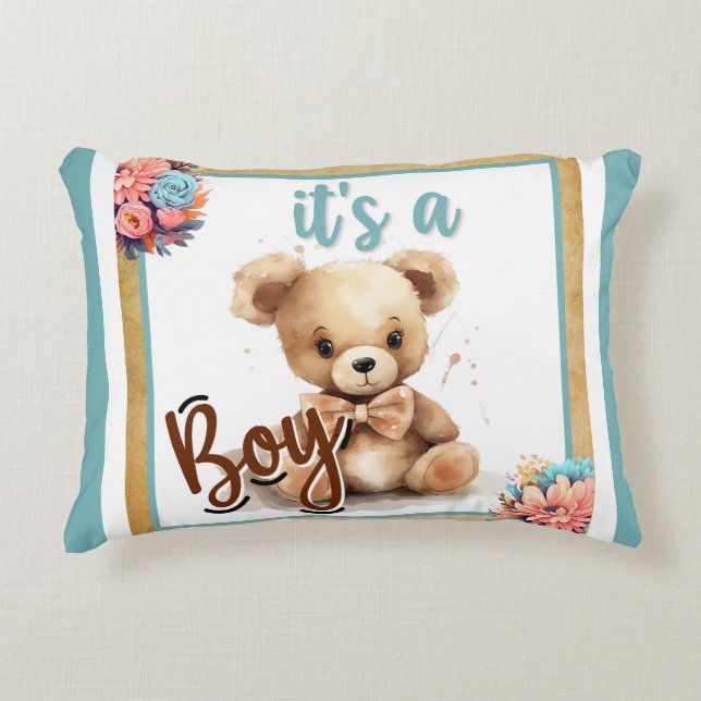 Boho Blue Bear Baby Shower Throw Pillow  (Front)