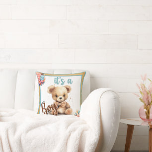 Boho Blue Bear Baby Shower Throw Pillow