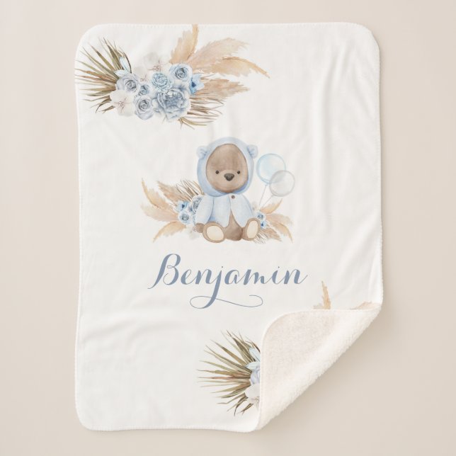 Boho Blue Bear New Baby Boy Sherpa Blanket (Front)