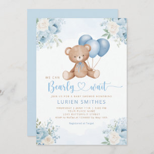 Boho Blue Bearly Wait Teddy Bear Boy baby shower  Invitation