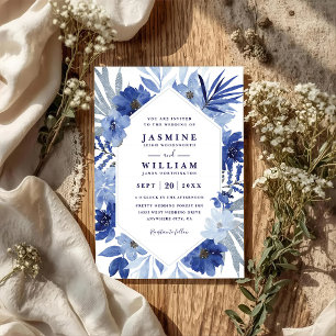 Boho Blue Bouquet Floral Elegant QR Code Wedding Invitation