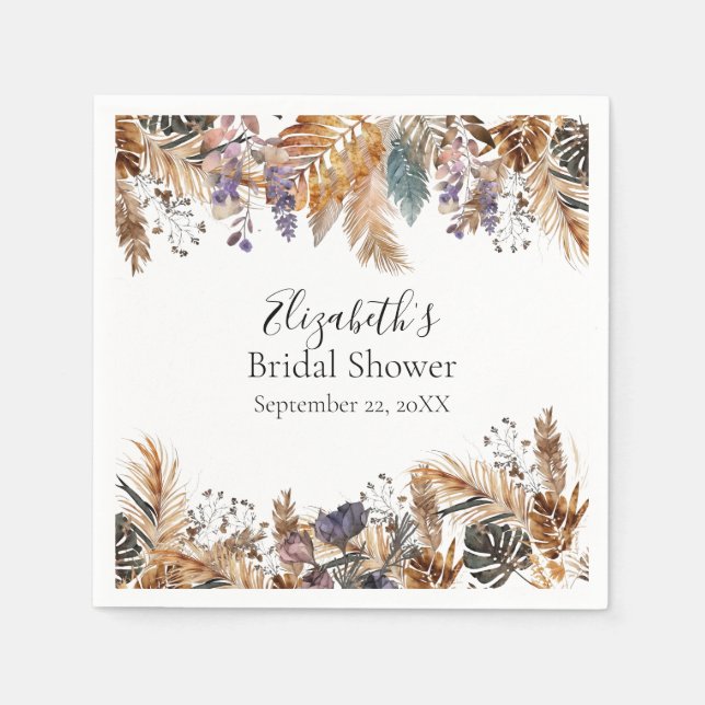 Boho Blue Brown Botanical Palm leaves Pampas Grass Napkin (Front)
