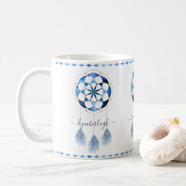 Boho Blue Celestial Mandala Dreamcatcher Monogram Coffee Mug (With Donut)
