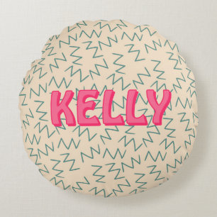 Boho Blue Cream Pink Zig Zag Ikat-Inspired Pattern Round Pillow