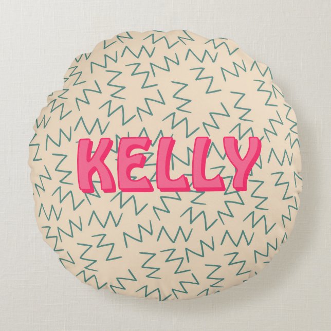 Boho Blue Cream Pink Zig Zag Ikat-Inspired Pattern Round Pillow (Front)