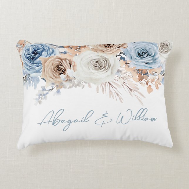 Boho Blue Dusty Blue Bohemian Floral Wedding Decor Accent Pillow (Front)